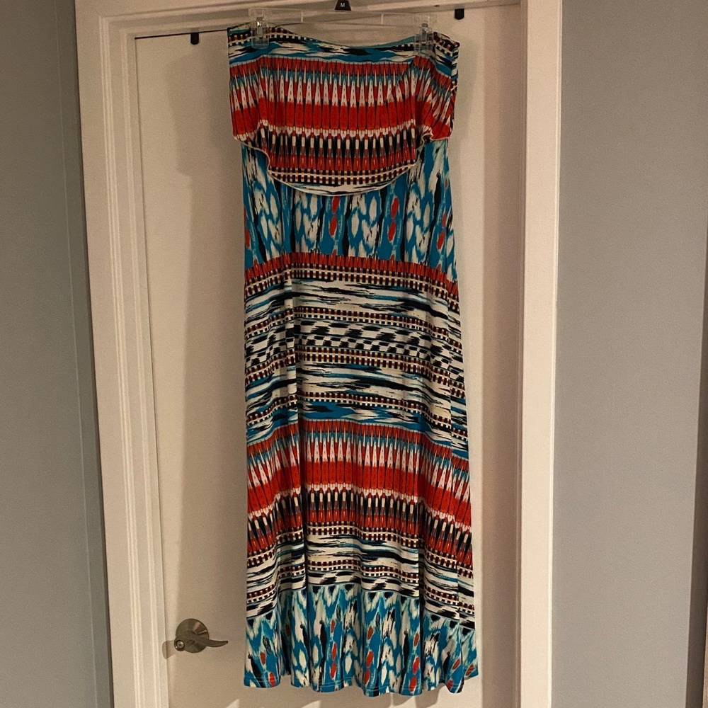 SoHo Chick Strapless Maxi Dress — Turquoise, Red & White Aztec Print